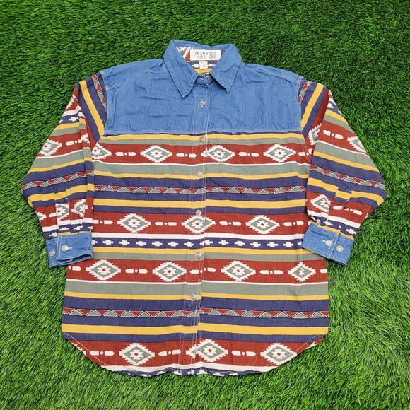 Vintage Native-American Button Shirt Womens Large 23x28 Blue - Picture 1 of 13
